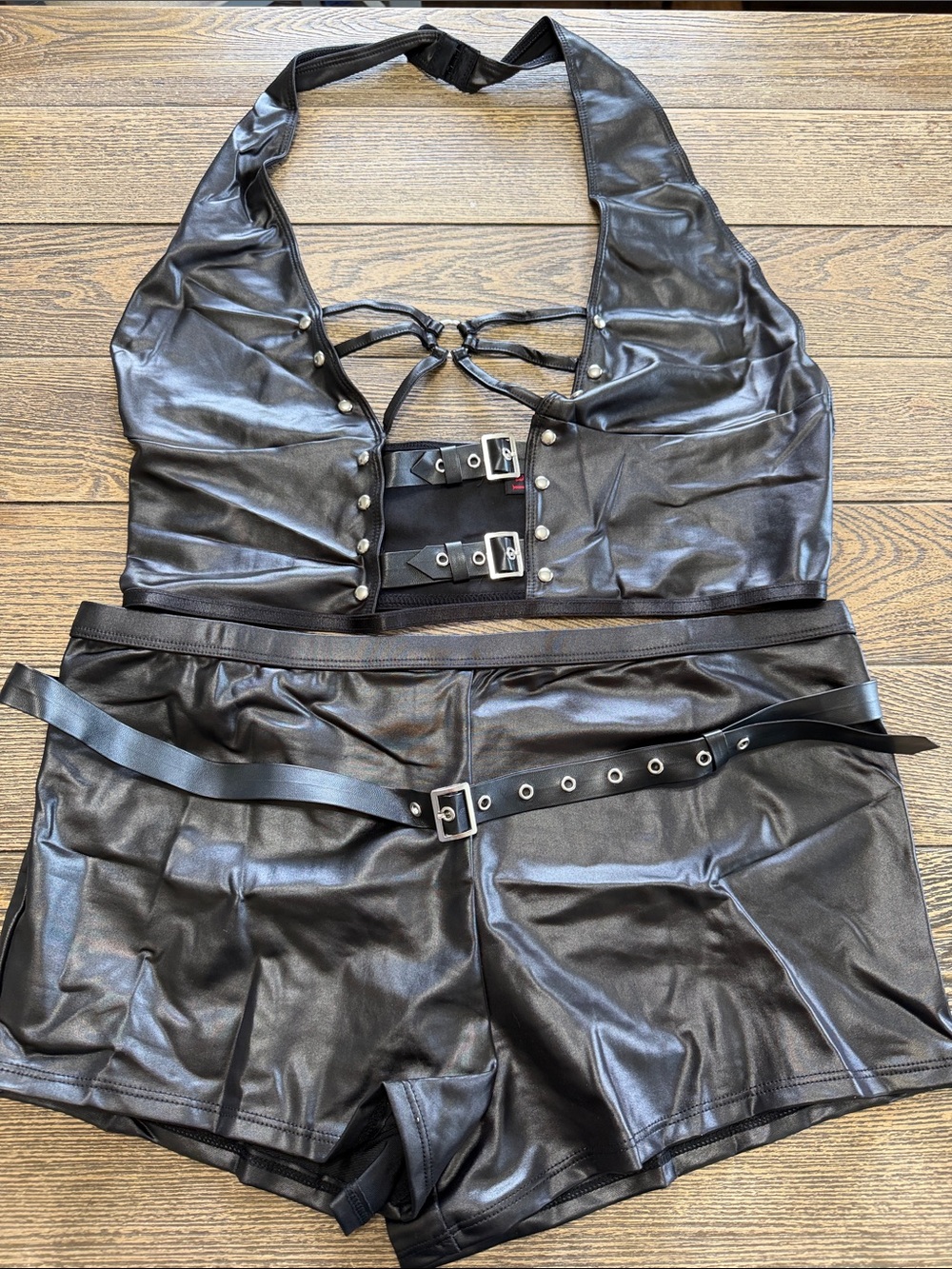 Lust Black‎ Faux Leather Halter Top & Shorts Set Goth Metal Grunge Club Wear